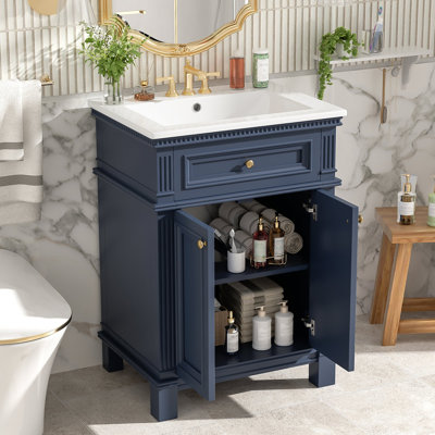 Armoire de salle de bain Vintage Elegance avec portes à fermeture douce et tablette réglable, meuble-lavabo avec lavabo en céramique