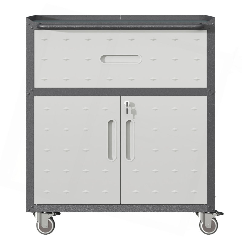 Armoire à outils en métal robuste et durable pour le garage avec roues - Armoire de rangement mobile robuste avec 1 tiroir et 2 portes verrouillables, armoire de rangement à outils roulante, noire et grise