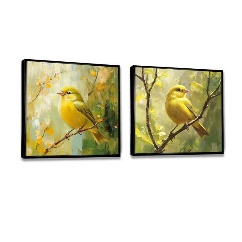 Oiseau pinson dans la brise de forêt I - art mural oiseau - décoration murale moderne 2 pièces, Cadre flottant, Noir