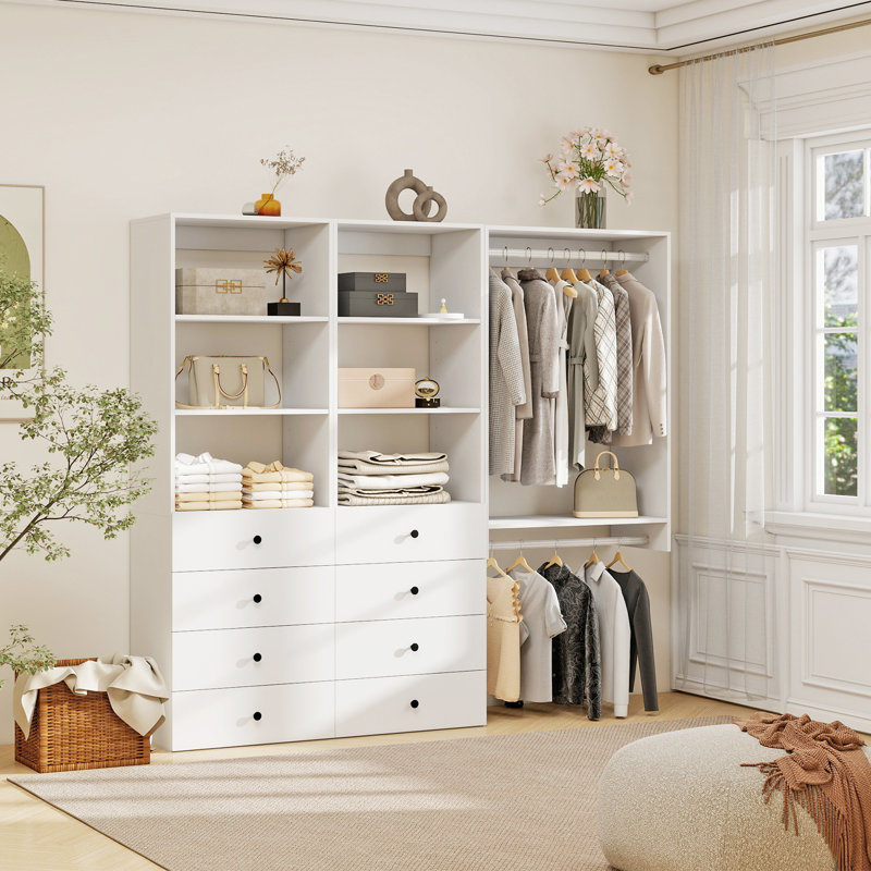 Modular Walk in Closet Organizer System with 2 rods 6 shelves and 8 drawers, White