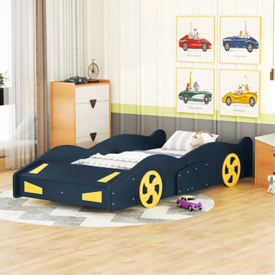 Twin Size Race Car-Shaped Platform Bed With Wheels And Storage, Dark Blue+Yellow