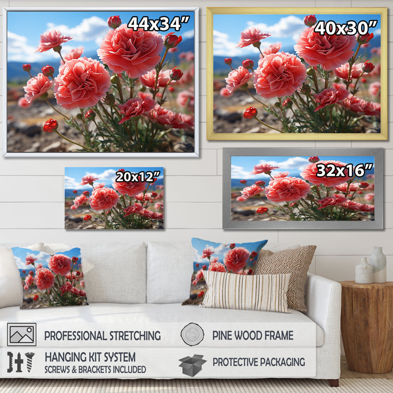 Carnations Field Vibrant II, reproduction d'art sur toile, Cadre flottant doré, H 30 po x l 40 po x P 1,5 po