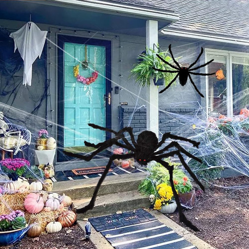 2 pièces 50 pouces Halloween Spider Decorations décorations d'extérieur noir effrayant poilue araignée