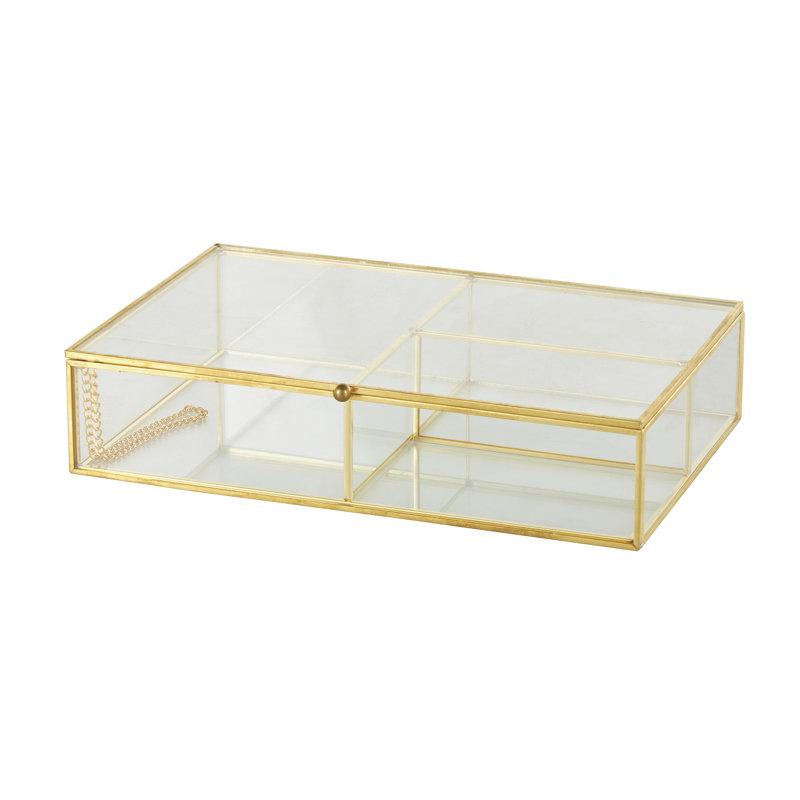 Boîte à bijoux en verre transparente à 3 fentes avec cadre en métal doré et chaîne