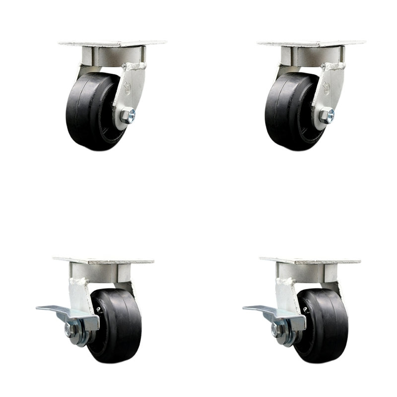 4 Inch Kingpinless Rubber on Steel Wheel Swivel Caster Set with 2 Brakes SCC