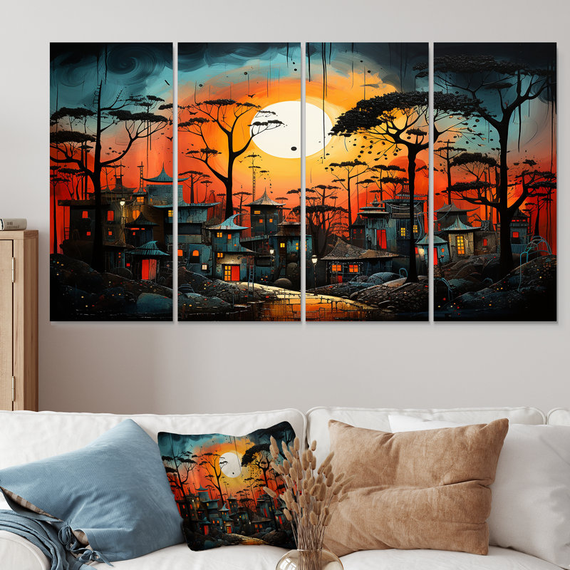 Orange pygmée village africain - ensemble d'art mural africain tribal 4 pièces, H 32 po x l 64 po