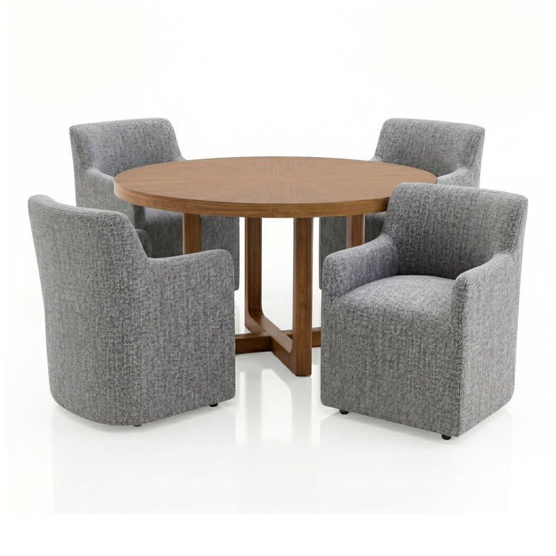 Ensemble de salle à manger rond Jennifer 5 pièces en bois massif avec motif soleil