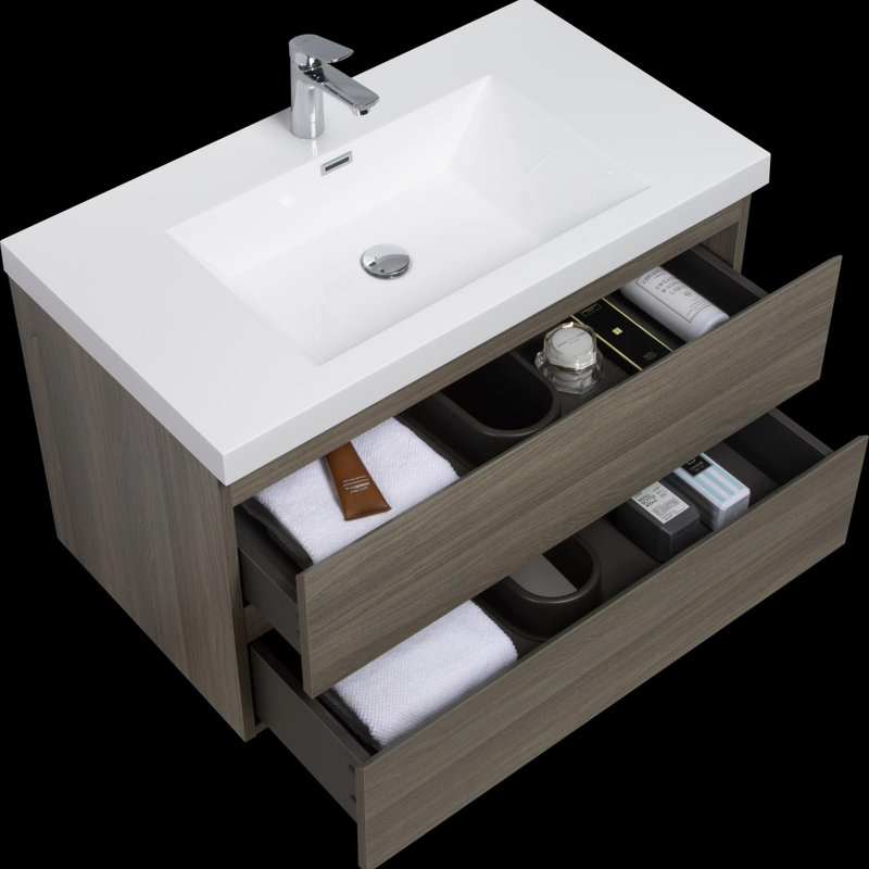 Meuble-lavabo mural moderne pour salle de bain, Gris
