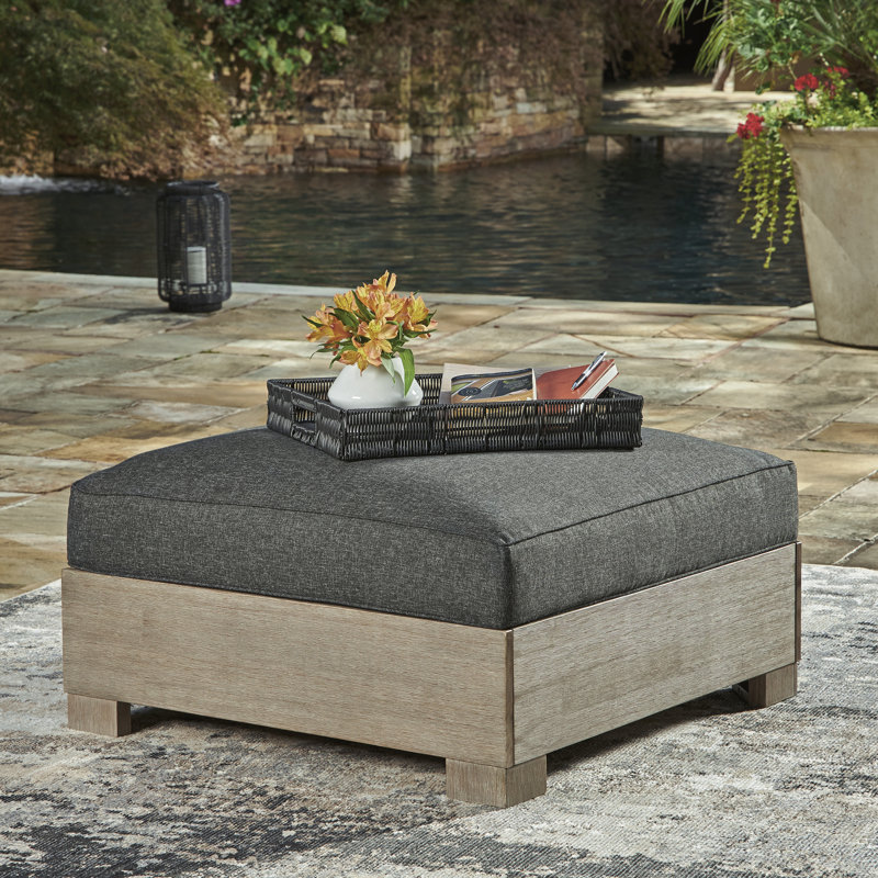 Gray and Beige Transitional Outdoor Ottoman with Cushion
