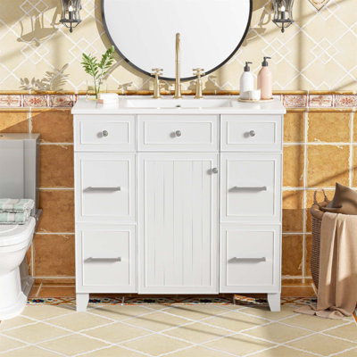 Meuble-lavabo 36 po, portes à fermeture douce, tablettes réglables et tiroir de rangement pour sèche-cheveux