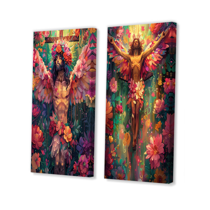 Rose, rose, Jésus, Saint, Ange chrétien, portrait religieux I - Ensemble de 2 reproductions d'art mural, H 40 po x l 40 po