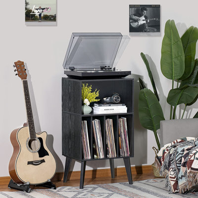 Meuble pour platine vinyle avec rangement pour disques, pieds en bois massif et tablette d'exposition