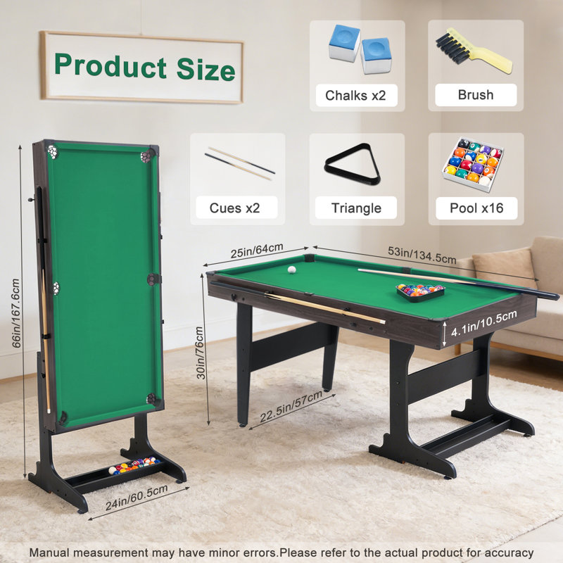 Table de billard pliable de 53 po, table de billard autoportante avec rangement pour queues de billard, conception verticale peu encombrante, cadre robuste pour les salles de jeux, les salons et les appartements