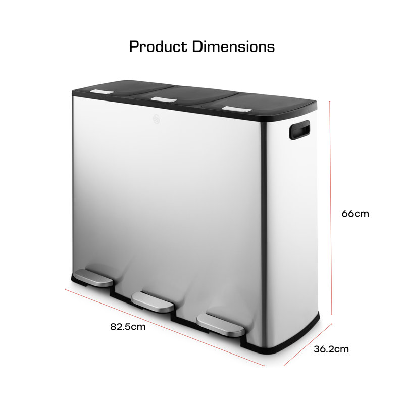Swan 90L Recycling bin with 3 x 30L Compartments, Soft Close Lids, Foot Pedal System, Removable Inner Buckets, Stainless Steel with Fingerprint Proof Finish
