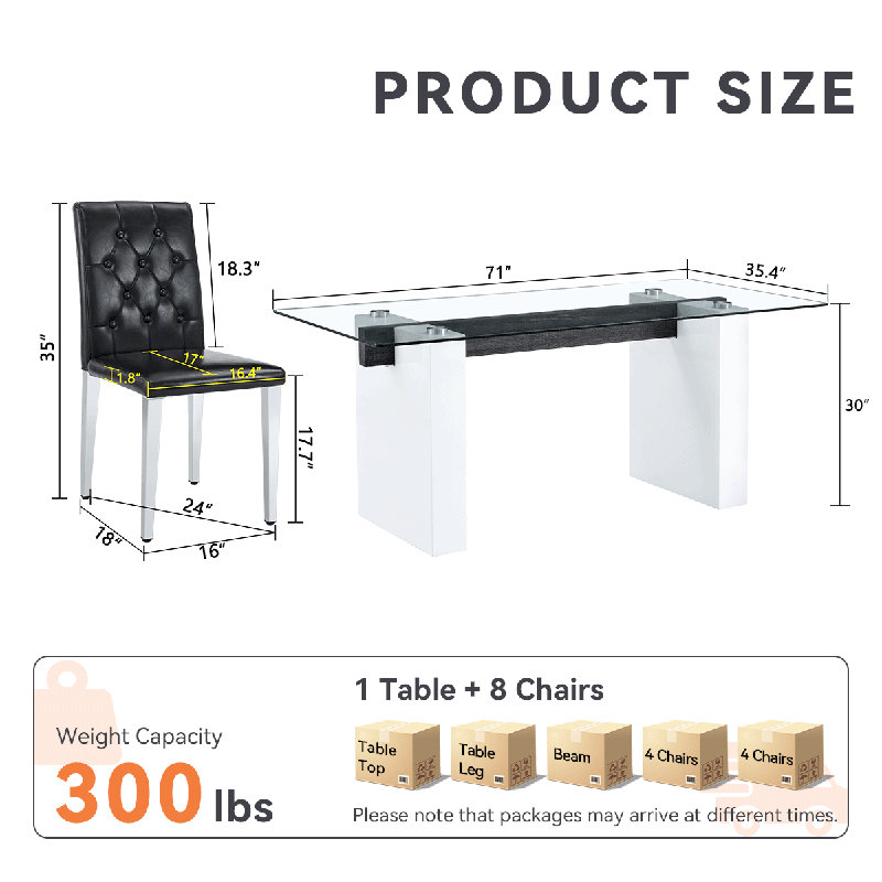 71" Modern Dining Table Set With PU Leather Chairs, Elegant Kitchen Table For Family Meals, Black, 9 Pieces: Table, 8 Chairs 