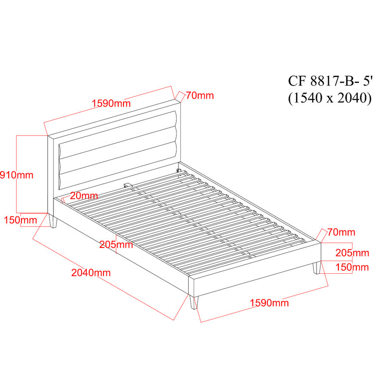 Kovi Upholstered Bed, Kingsize (5') [159 x 218 cm], Grey