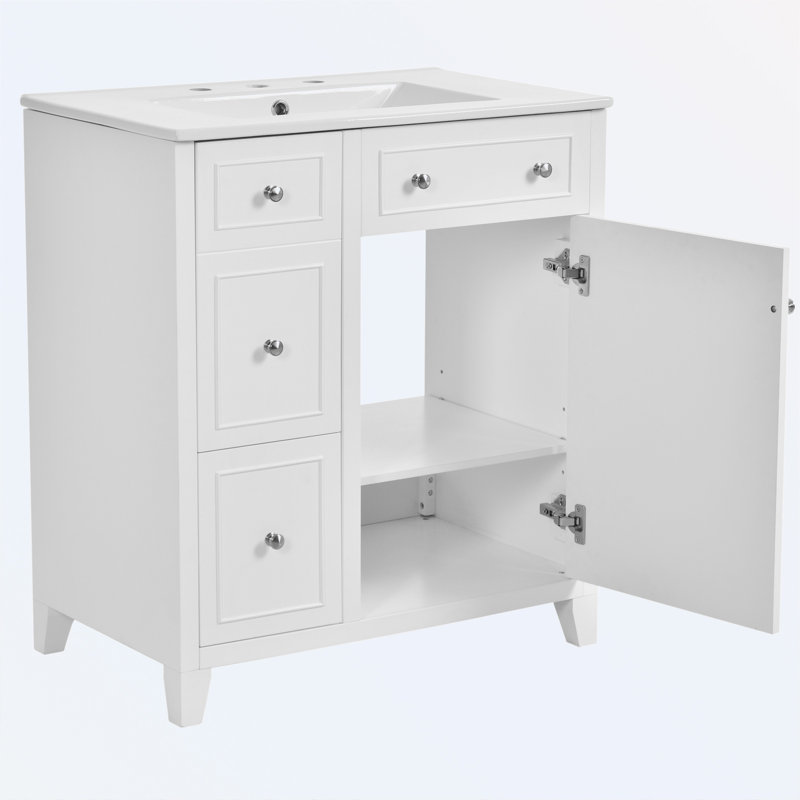 Meuble-lavabo de salle de bain avec lavabo en céramique, tiroir double couche, Blanc