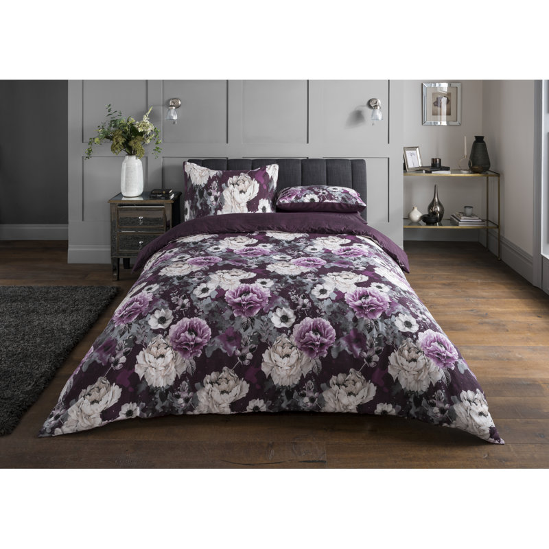 Maiorano Floral Duvet Cover Set with Pillowcases, Double - 2 Pillowcases (80 x 80 cm), Purple