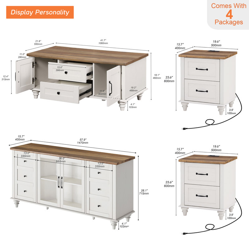 Scarlett Coffee Table Set, 4 pièces: table de bout 2 2 t, console, table bas