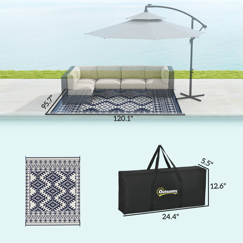 Tapis d'extérieur réversible, tapis de sol en paille de plastique imperméable, tapis de camping portatif pour camping-car, grand tapis de jardin, terrasse, pique-nique, plage, bordure losange bleue et blanche