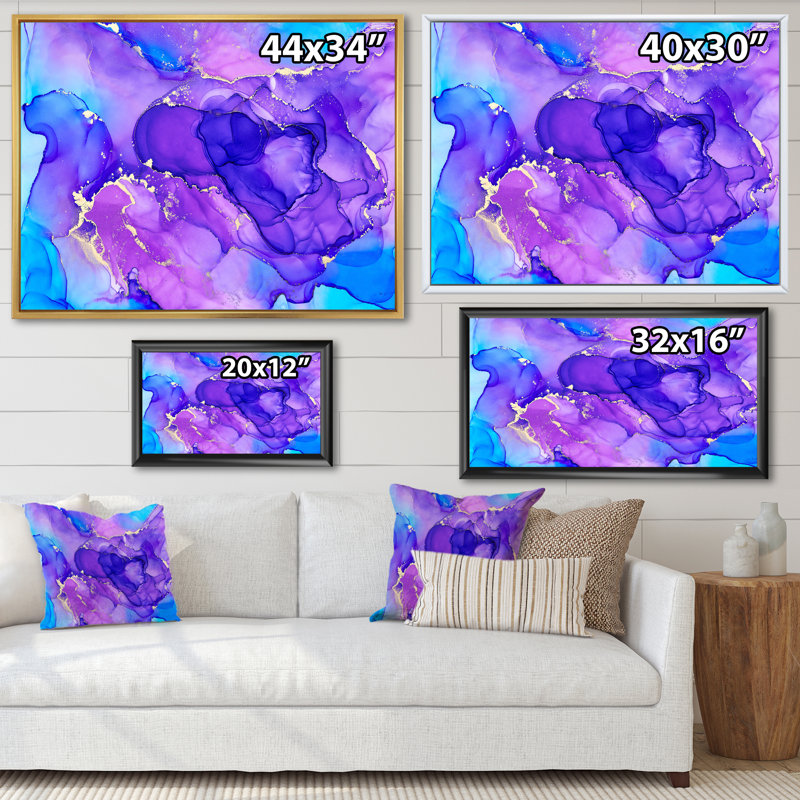«Blue and Purple Luxury Abstract Fluid Art», reproduction sur toile, H 30 po x l 40 po, Cadre flottant en érable