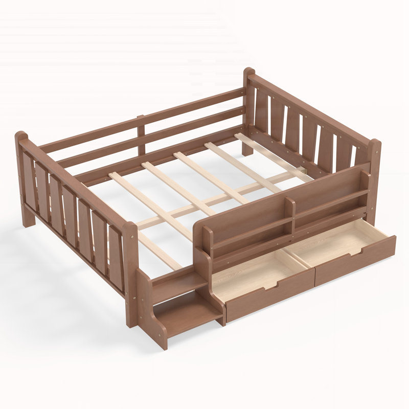 Lit double sur pied avec tiroirs de rangement, Naturel