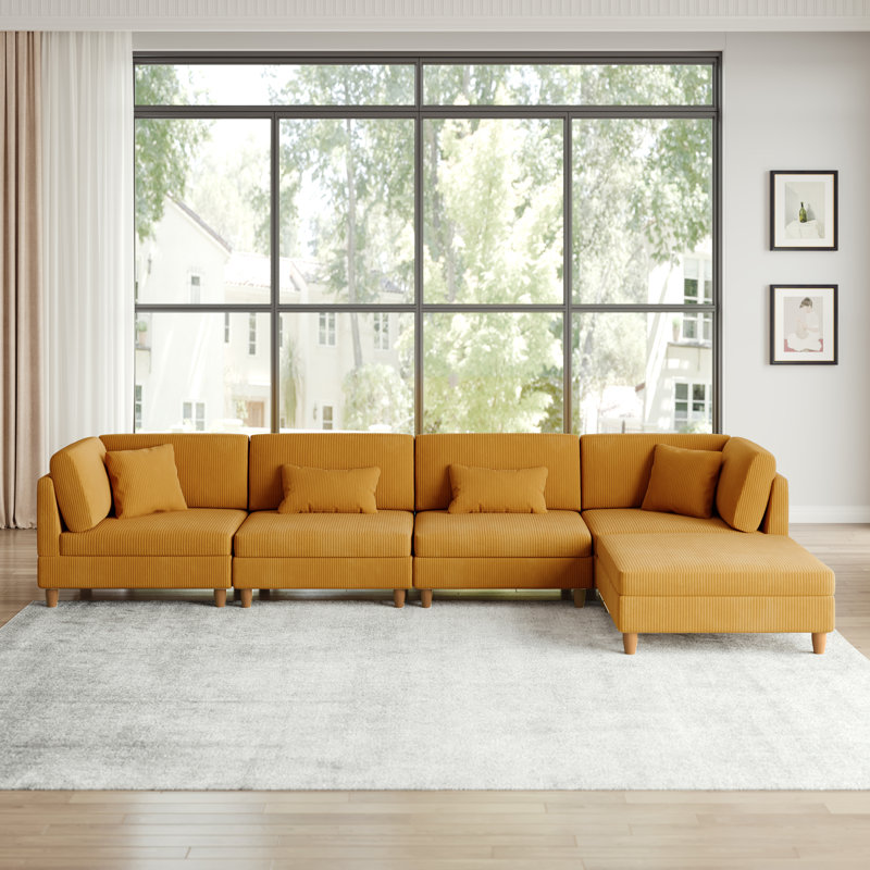 Seemab 5 - Piece Upholstered Orange Corduroy Modular Sectional with Pillow Back and Removable Ottoman, Orange Corduroy