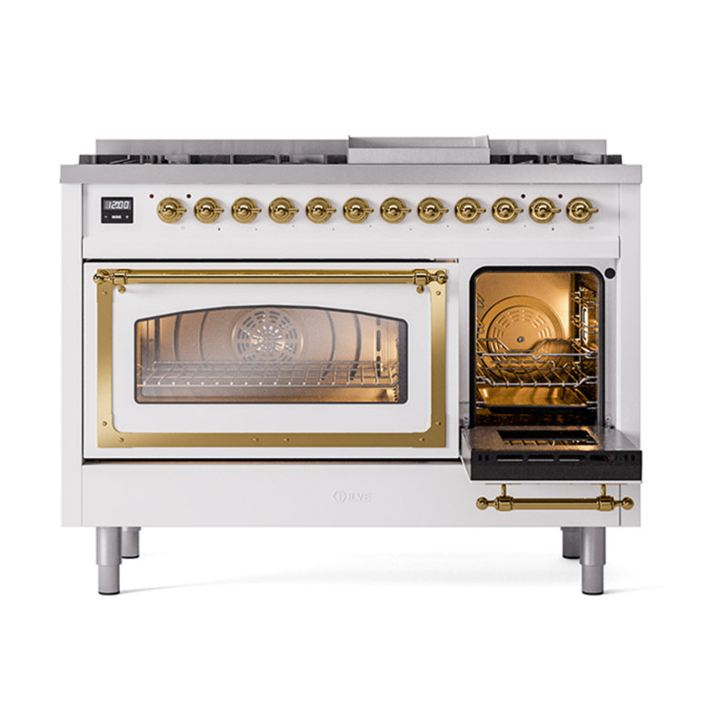 ILVE UN48FNMPEGG Nostalgie II Noblesse 48 inch Dual Fuel Range (8 Sealed Burners + Griddle, Triple Glass Door), White, Brass