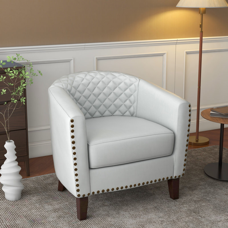 Edvardas 73.9 Cm Wide Tufted Barrel Chair, White Faux Leather