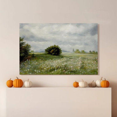 1 pièce, peinture sur toile encadrée, paysage champêtre, prairies de fleurs sauvages et arbres solitaires, impression de style paysage impressionniste, affiche murale rétro, cadeau parfait pour une œuvre d'art moderne pour le salon de la chambre à coucher