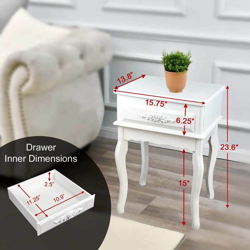Reva Small White Victorian Nightstand End Table with Storage