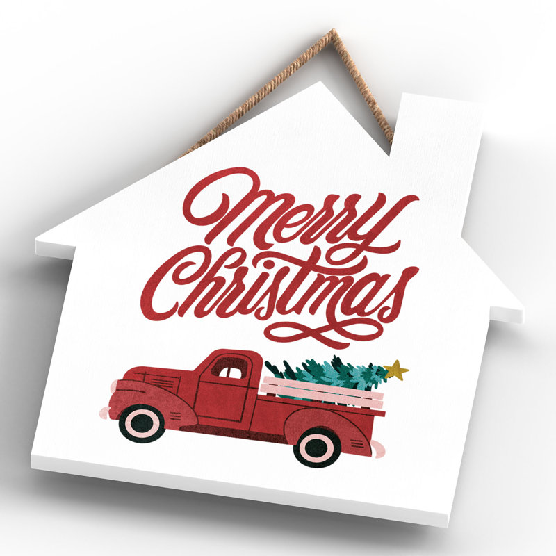 Xmas Merry Christmas Truck Wooden House Plaque, 9.9cm H x 9.9cm W x 0.5cm D