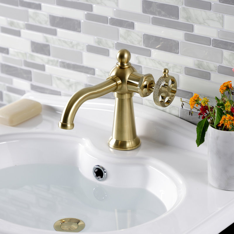 Kingston Brass Webb Single-Handle 1-Hole Deck Mount Bathroom Faucet with Knurled Handle and Push Pop-Up Drain, Brushed Brass
