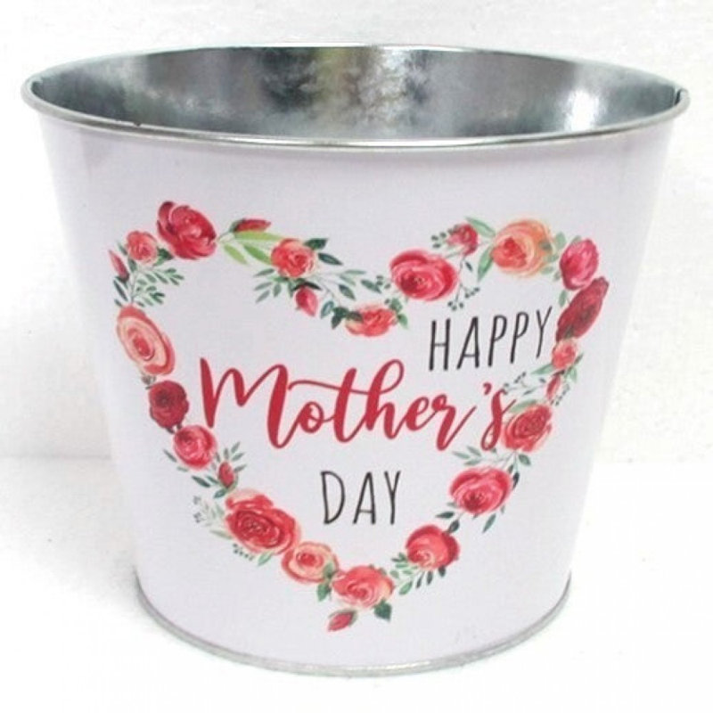 Joyeuse fête des Mères, pot de fleurs en métal imprimé rose