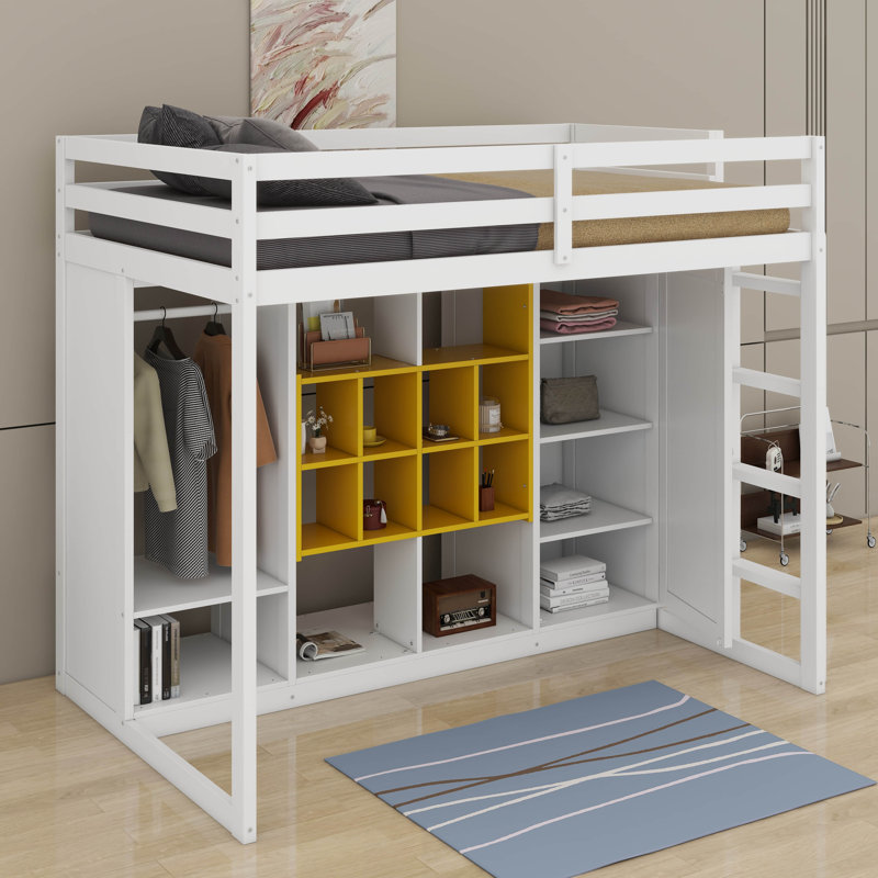Twin Size  Loft Bed With Shelves,Cabinet And Wardrobe, White/Yellow