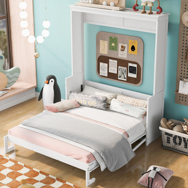 Grand lit escamotable avec tablette convertible et tête de lit, Blanc
