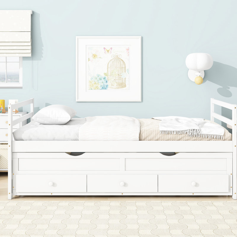 Lit simple en bois de pin avec tête de lit et lit gigogne - Solution de sommeil confortable avec tête de lit blanche, tiroirs robustes