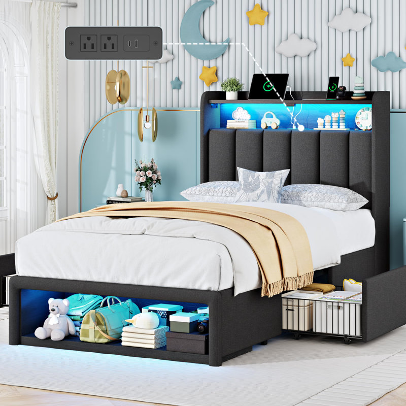 Upholstered Platform Bed with Storage Headboard , 2 Storage Drawers & Footboard Cabinet, Charging Station and LED Lights