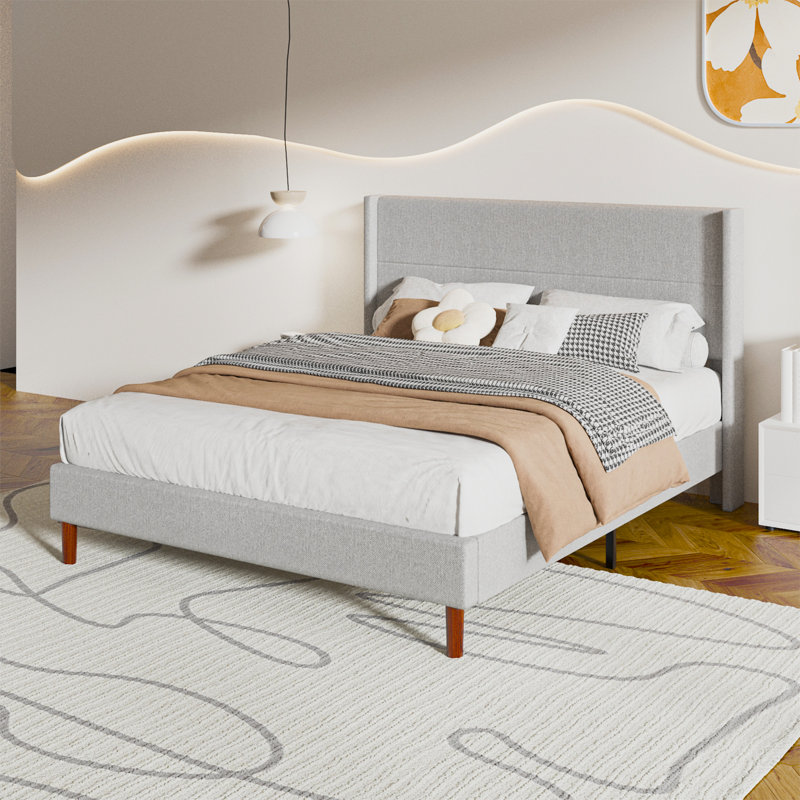Queen Size Bed Frame, Linen Upholstered Platform with Wingback Headboard, Wooden Slats Support, No Box Spring Needed, Easy Assembly, Light Grey