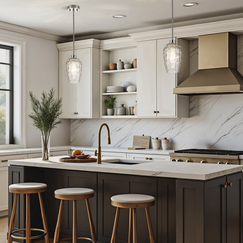 Aguilera Vintage Glass Pendant Light Kitchen Island With Hand-Blown Hammered Clear Glass Lampshade, Brushed Nickel