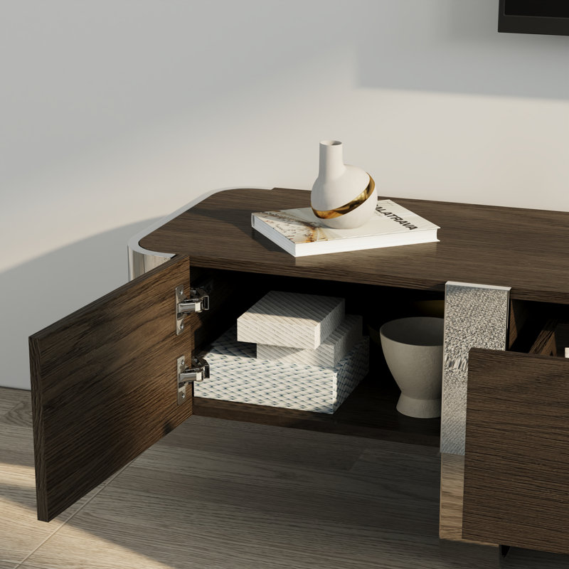 Meuble télé 79 po avec ensemble de 2 tables basses gigognes en noyer, Bois brun / argent