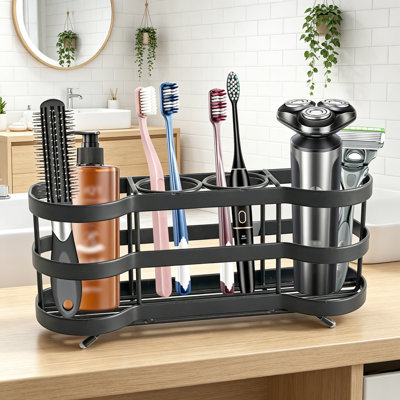 Stainless Steel Wall Mount Toothbrush Holder With Self-Adhesive Backing, 4-Slot Bathroom Organizer For Shower Countertop Storage