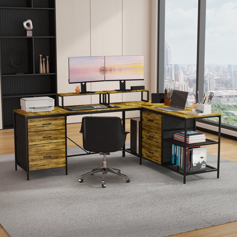 Bureau en L 114 po avec concentrateur électrique, bureau de jeu industriel - 6 tiroirs, support pour écran amovible, bureau rustique brun