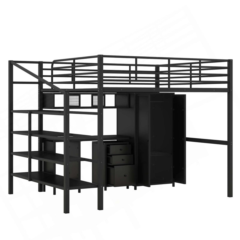 Lit mezzanine en métal avec ensemble de table et garde-robe