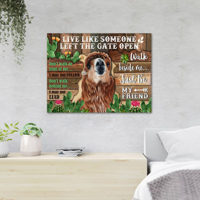 «Llama With Cactus - Live Like Someone Left The Gate Open», reproduction d'art graphique sur toile tendue 1 pièce