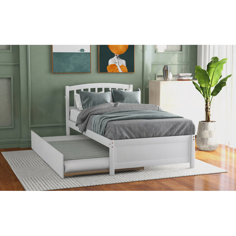 Platform Bed Wood Bed Frame With Trundle, White