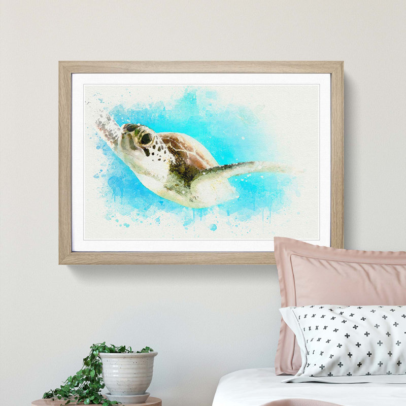 Green Turtle in Abstract - Framed Print, 48cm H x 65cm W x 2cm D, Oak Framed