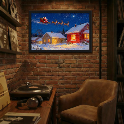 Christmas Santa Flying Over Snowy Village Houses