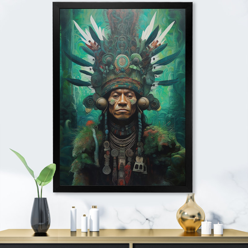 Indigène chaman Amazon Feather coiffe sur toile, Cadre simple noir, H 40 po x l 30 po x P 1,5 po
