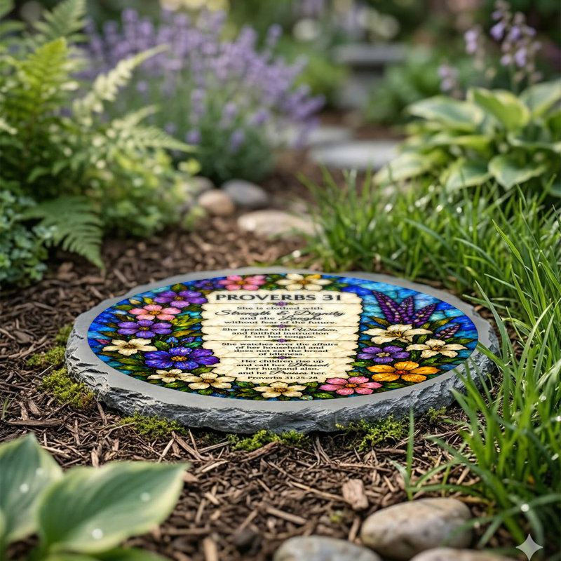 STEPPING STONE - Stained Glass LOOK PROVERBS 31 VERSE STONE GRAY
